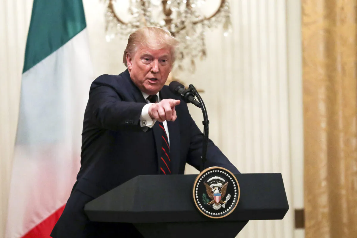 President Donald Trump at a press conference with Italy President Sergio Mattarella (not pictured) in the East Room of the White House in Washington on Oct. 16, 2019. (Charlotte Cuthbertson/The Epoch Times)
