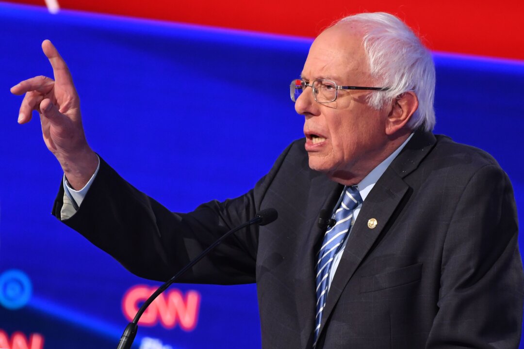 Sen. Bernie Sanders (I-Vt.) participates during the fourth Democratic primary debate of the 2020 presidential campaign season at Otterbein University in Westerville, Ohio on Oct. 15, 2019. (Saul Loeb/AFP via Getty Images)