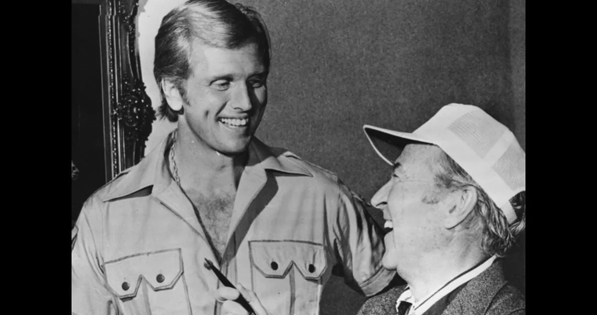 Actor Ron Ely discussing his role on the film 'Doc Savage: The Man of Bronze' with producer George Pal, Hollywood, CA, circa 1975. (Photo by Keystone/Hulton Archive/Getty Images)