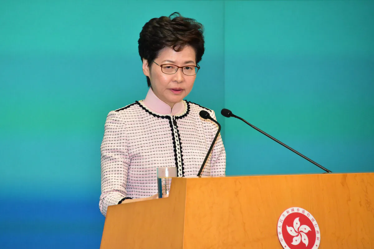 Hong Kong leader Carrie Lam speaks at a press conference at the Central Government Complex after her annual policy speech in Hong Kong on Oct. 16, 2019. (Bill Cox/The Epoch Times)