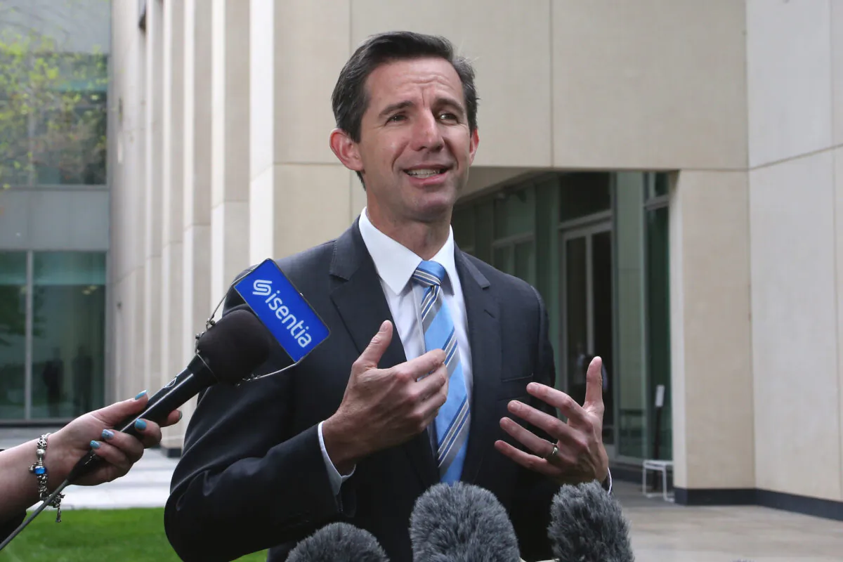 Australia's Trade Minister Simon Birmingham addresses media outside the Parliament House in Canberra, Australia, on, Oct. 16, 2019. (Rod McGuirk/AP Photo)