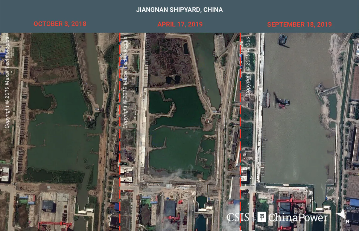 A combination image of satellite photos shows Jiangnan Shipyard in Shanghai, China on Oct. 3, 2018, April 17, 2019 and Sept. 18, 2019. (CSIS/ChinaPower/Maxar Technologies and Airbus 2019/Handout via Reuters)