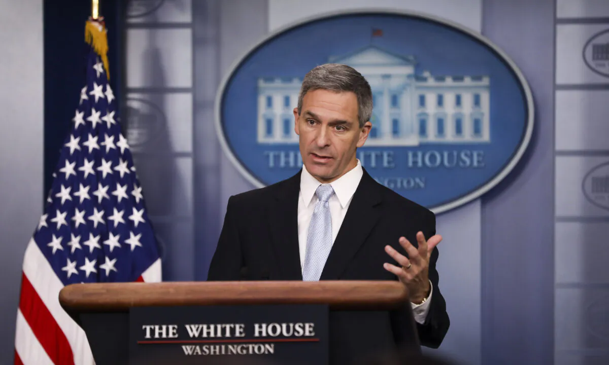 Acting Director of United States Citizenship and Immigration Services Ken Cuccinelli speaks to media at the White House in Washington on Aug. 12, 2019. (Charlotte Cuthbertson/The Epoch Times)