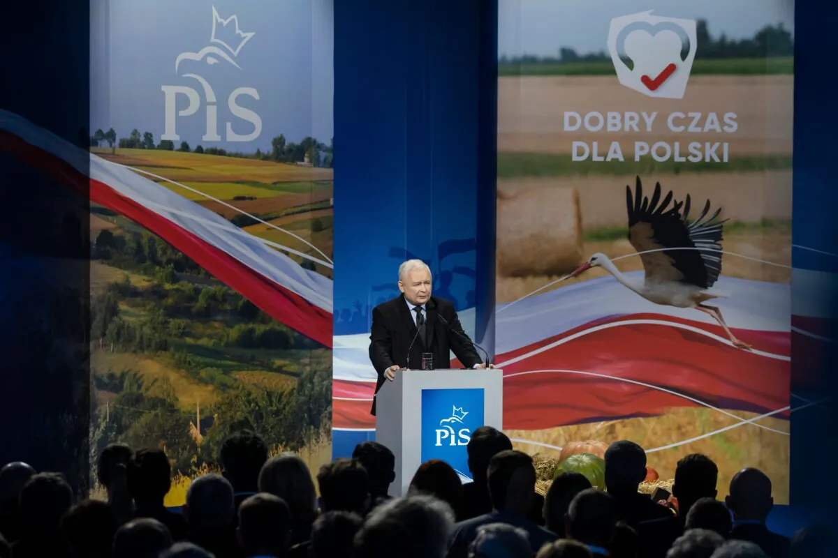 Jaroslaw Kaczynski, leader of Poland's ruling Law and Justice (PiS) party, speaks during the party's campaign convention in Kielce, Poland, on Oct. 9, 2019. (WOJTEK RADWANSKI/AFP via Getty Images)