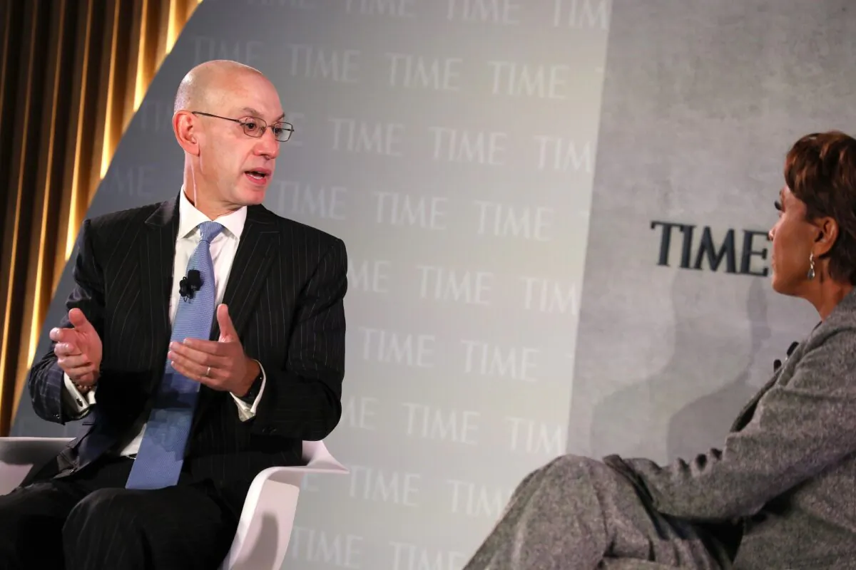 NBA Commissioner Adam Silver, left, speaks onstage during the TIME 100 Health Summit at Pier 17 in New York City on Oct. 17, 2019. (Brian Ach/Getty Images for TIME 100 Health Summit )