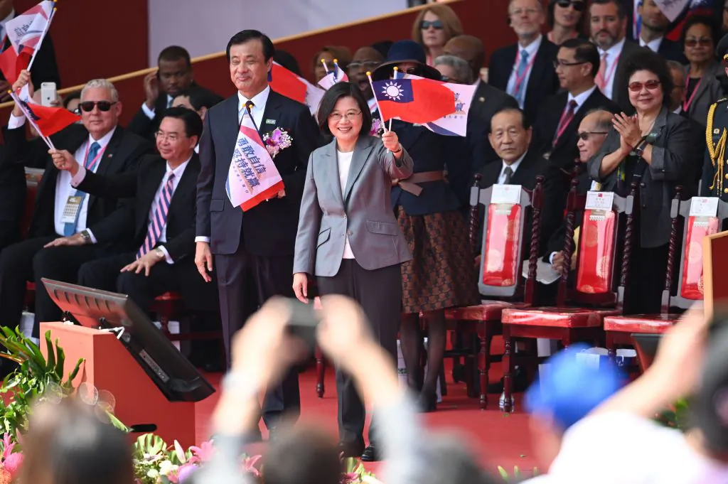 Taiwan President Tsai Ing-Wen (C) waves during National Day celebrations in front of the Presidential Palace in Taipei on Oct. 10, 2019. (Sam Yeh/AFP via Getty Images)