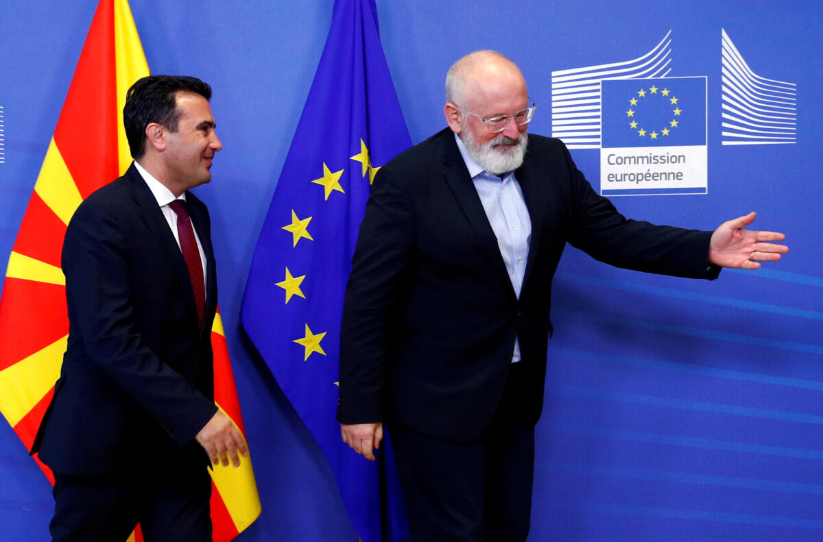 Macedonian Prime Minister Zoran Zaev smiles while European Commission Vice President Frans Timmermans gestures at the EU Commission headquarters in Brussels, Belgium October 17, 2019. (Francois Lenoir/Reuters, File Photo)