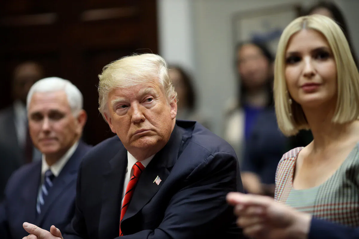 President Donald Trump, Vice President Mike Pence and Ivanka Trump listen during a conference call with the International Space Station in Washington on Oct. 18, 2019. (Win McNamee/Getty Images)