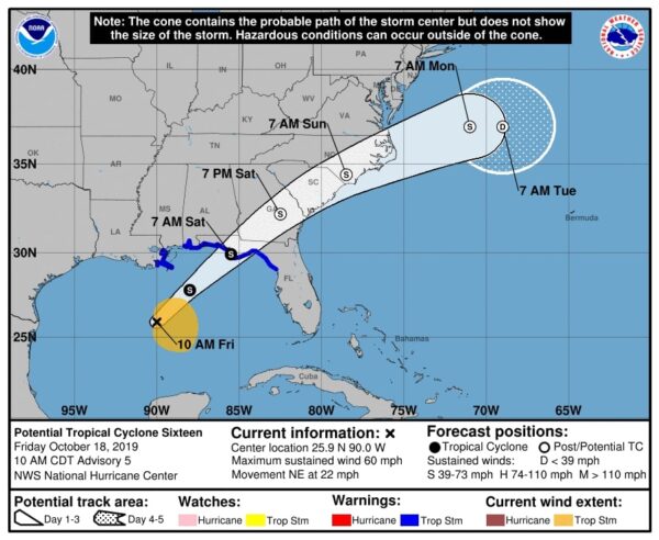 5-day cone of potential tropical storm Nestor