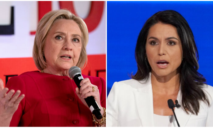 (L) Former US Secretary of State Hillary Clinton speaks during the Time 100 Summit event on April 23, 2019, in New York. (Don Emmert/AFP/Getty Images) (R) Democratic presidential candidate Rep. Tulsi Gabbard speaks during the fourth U.S. Democratic presidential candidates 2020 election debate in Westerville, Ohio, U.S., Oct. 15, 2019. (Shannon Stapleton/Reuters)
