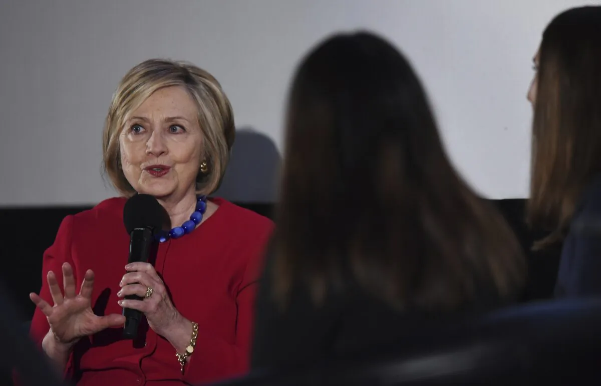 Former Secretary of State Hillary Clinton answers a question posed by student journalists during the Trailblazing Women of Park Ridge event in Park Ridge, Ill. on Oct. 11, 2019. (Joe Lewnard/Daily Herald via AP)