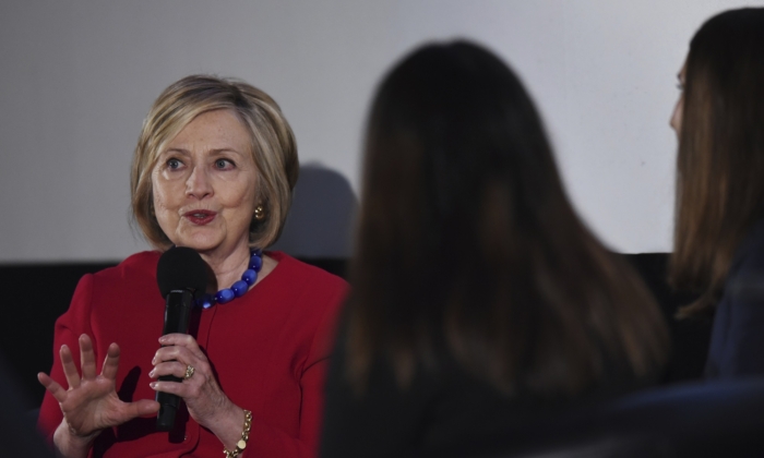 Former Secretary of State Hillary Clinton answers a question posed by student journalists during the Trailblazing Women of Park Ridge event in Park Ridge, Ill. on Oct. 11, 2019. (Joe Lewnard/Daily Herald via AP)