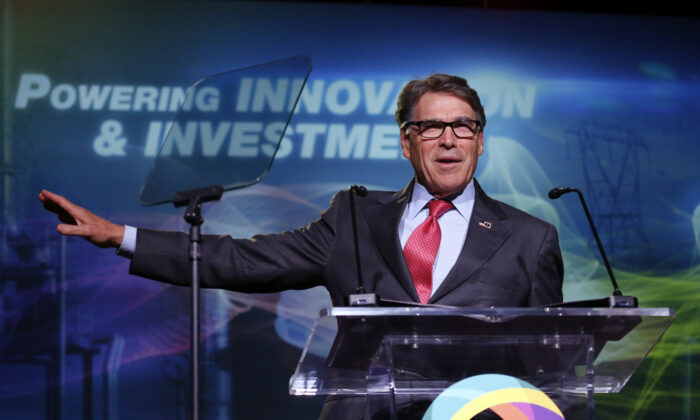 Rick Perry speaks at an energy summit hosted by Utah Gov. Gary Herbert and attended by Wyoming Gov. Mark Gordon in Salt Lake City on May 30, 2019. (AP Photo/Rick Bowmer)