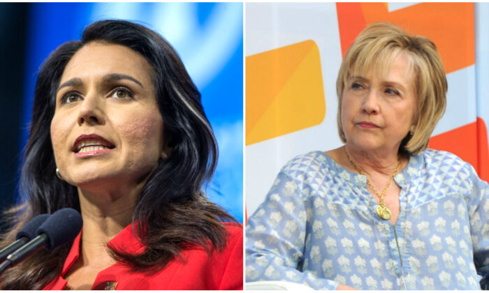 (L) Democratic presidential candidate Rep. Tulsi Gabbard (D-HI) speaks during the New Hampshire Democratic Party Convention at the SNHU Arena on Sept. 7, 2019 in Manchester, New Hampshire. (Scott Eisen/Getty Images)

(R) Hillary Clinton speaks onstage during OZY Fest 2018 at Rumsey Playfield, Central Park on July 21, 2018 in New York City. (Brad Barket/Getty Images for Ozy Media)