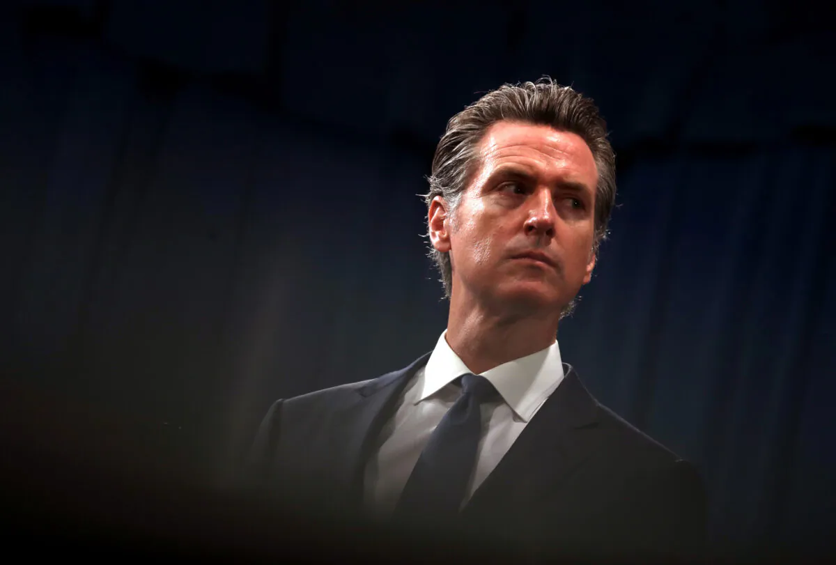 California Gov. Gavin Newsom looks on during a news conference in Sacramento on Aug. 16, 2019. (Justin Sullivan/Getty Images)