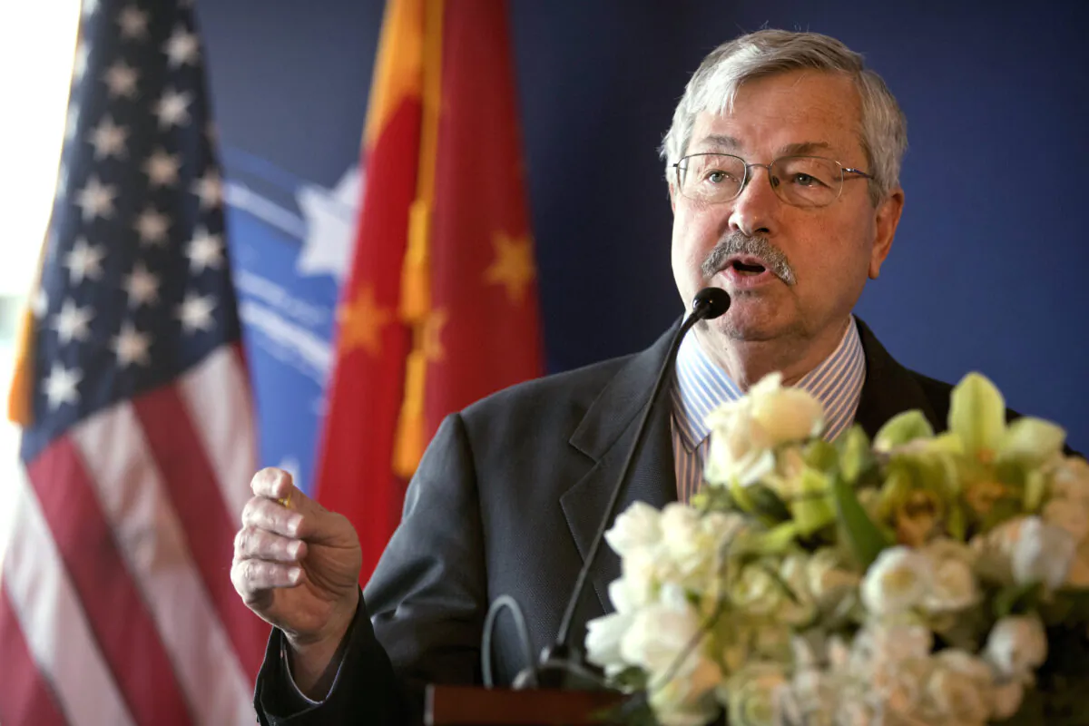 U.S. Ambassador to China Terry Branstad speaks at an event to celebrate the re-introduction of American beef imports to China in Beijing on June 30, 2017. (Mark Schiefelbein/AP)