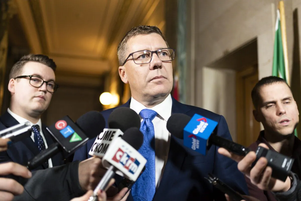 Saskatchewan Premier Scott Moe speaks to media following the 2019 federal election, at the Legislative Building in Regina on Oct. 22, 2019. (THE CANADIAN PRESS/Michael Bell)