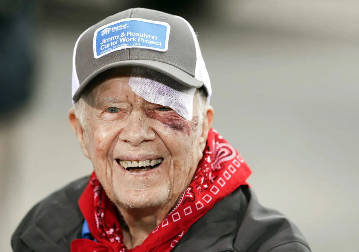 Former President Jimmy Carter answers questions during a news conference at a Habitat for Humanity project in Nashville, Tenn. on Oct. 7, 2019. (Mark Humphrey/AP Photo)