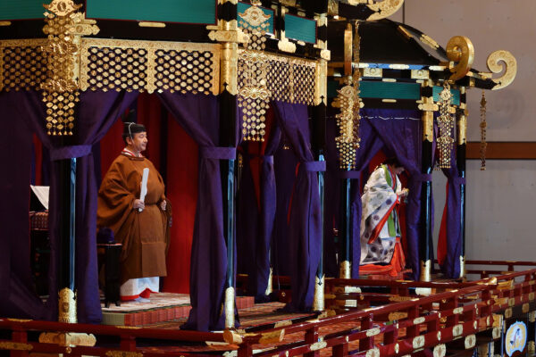 Japan's Emperor Naruhito and Empress Masako attends the enthronement ceremony where he officially proclaims his ascension to the Chrysanthemum Throne at the Imperial Palace in Tokyo
