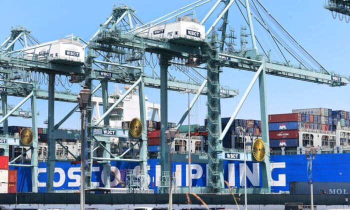 Shipping containers are seen on a Cosco Shipping vessel at the Port of Long Beach in Long Beach, Calif., on Aug. 23, 2019. (Frederic J. Brown/AFP/Getty Images)