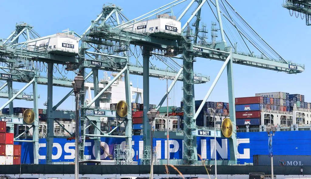 Shipping containers are seen on a Cosco Shipping vessel at the Port of Long Beach in Long Beach, Calif., on Aug. 23, 2019. (Frederic J. Brown/AFP/Getty Images)