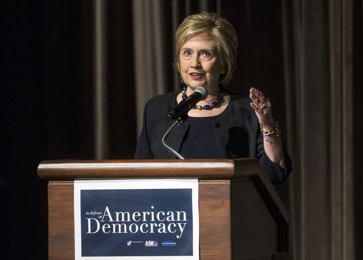 Former Secretary of State Hillary Clinton delivers a keynote speech during the American Federation of Teachers Shanker Institute Defense of Democracy Forum at George Washington University on Sept. 17, 2019 in Washington. (Zach Gibson/Getty Images)