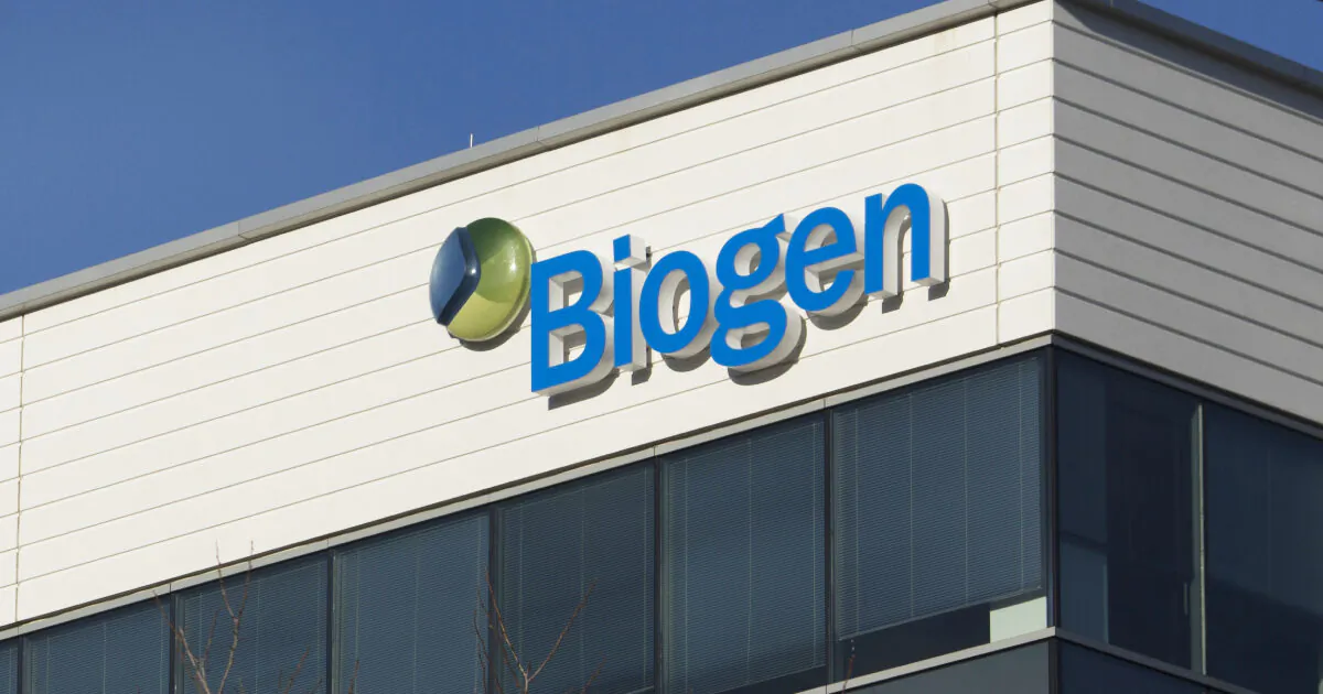 A sign for biotechnology company, Biogen, Inc. is seen on a building in Cambridge, Mass., on March 18, 2017. (Dominick Reuter/AFP/Getty Images)
