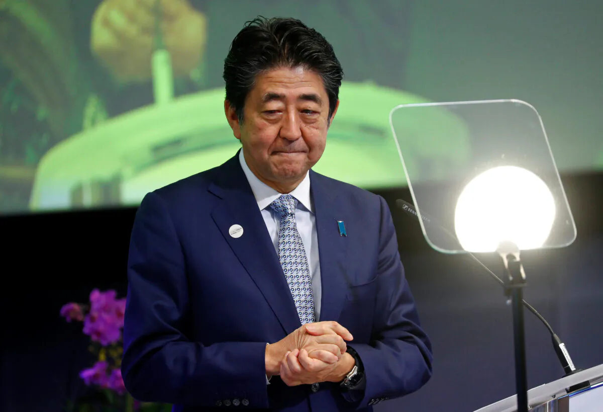 Japan's Prime Minister Shinzo Abe speaks at the conference Communication Connecting Europe and Asia, in Brussels, Belgium on Sept. 27, 2019. (Francois Lenoir/Reuters)