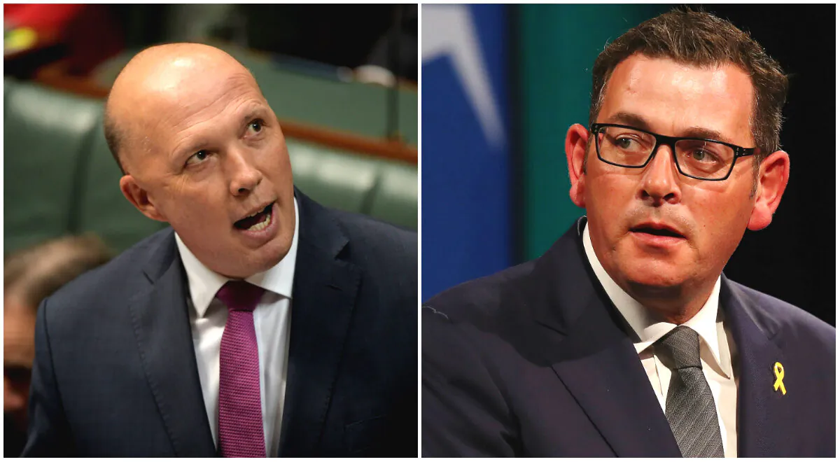 (L) Australia's Foreign Affairs Minister Peter Dutton during Question Time in the House of at Parliament House in Canberra, Australia, on Sept. 11, 2019. (Tracey Nearmy/Getty Images)

(R) Victorian Premier Daniel Andrews speaks during the State Commemoration for the 10 year anniversary of the 2009 Victorian bushfires on Feb. 04, 2019 in Melbourne, Australia. (Michael Dodge/Getty Images)