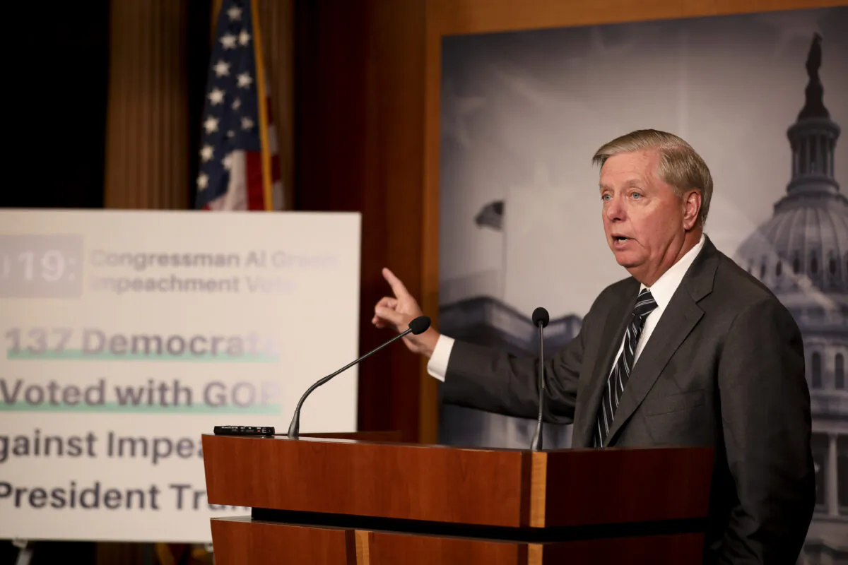 Sen. Lindsey Graham (R-S.C.) holds a press conference about the House impeachment inquiry process, on Capitol Hill in Washington on Oct. 24, 2019. (Charlotte Cuthbertson/The Epoch Times)