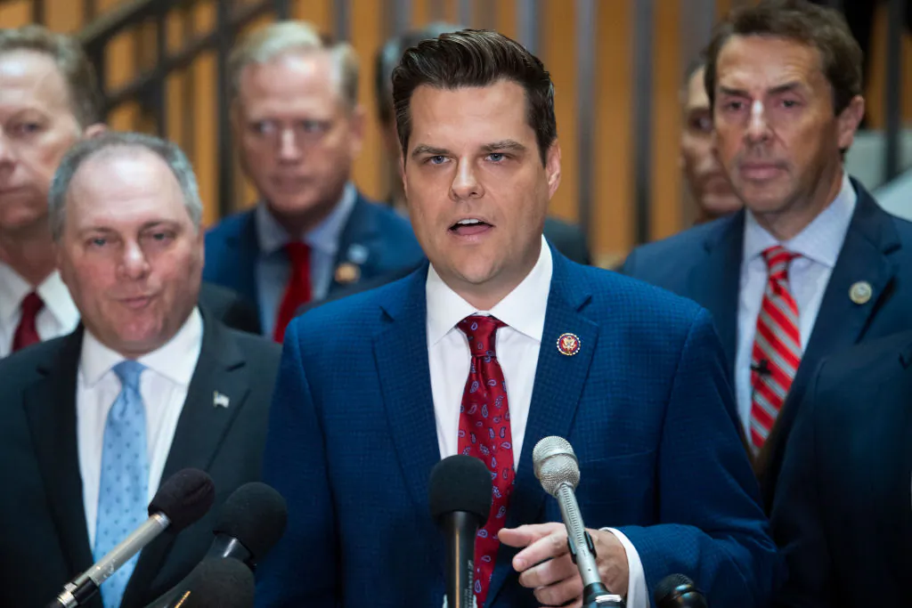 Rep. Matt Gaetz (R-Fla.) (C), House Minority Whip Steve Scalise (R-La.) (L), and other Republican House members in the Capitol Visitor Center on Oct. 23, 2019. (Tom Williams/CQ-Roll Call, Inc via Getty Images)