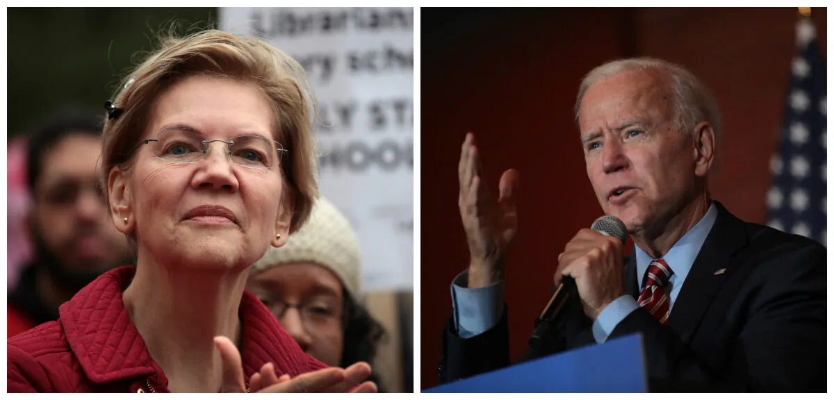 (L)-Democratic presidential candidate Sen. Elizabeth Warren (D-Mass.) visits with striking Chicago teachers at Oscar DePriest Elementary School in Chicago, Illinois on Oct. 22, 2019. (Photo by Scott Olson/Getty Images) (R)-Democratic Presidential candidate former Vice President Joe Biden speaks to guests during a town hall campaign stop at the Pearl City Station in Muscatine, Iowa on Oct. 23, 2019. (Photo by Scott Olson/Getty Images)