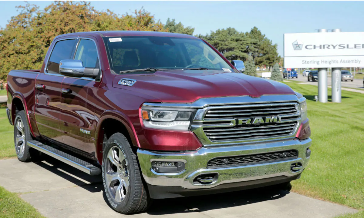 A 2019 Ram 1500 pickup truck is on display in front of the Fiat Chrysler Automobiles (FCA) Sterling Heights Assembly Plant in Sterling Heights, Mich., on Oct. 22, 2018. (Rebecca Cook /Reuters)