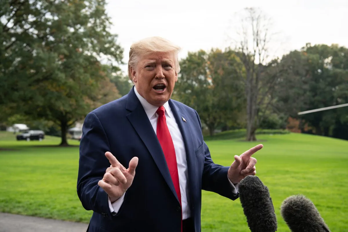 President Donald Trump speaks to the press before departing the White House in Washington for South Carolina on Oct. 25, 2019. (Nicholas Kamm/AFP via Getty Images)