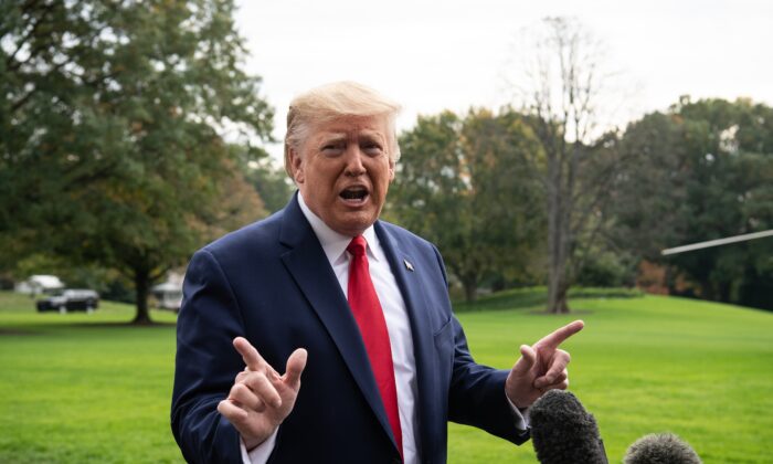 President Donald Trump speaks to the press before departing for South Carolina at the White House in Washington, on Oct. 25, 2019. (Nicholas Kamm/AFP via Getty Images)