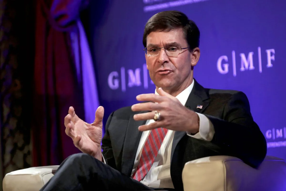 U.S. Secretary for Defense Mark Esper gestures as he speaks during a panel discussion at the Concert Noble in Brussels, on Oct. 24, 2019. (FRANCISCO SECO/POOL/AFP via Getty Images)