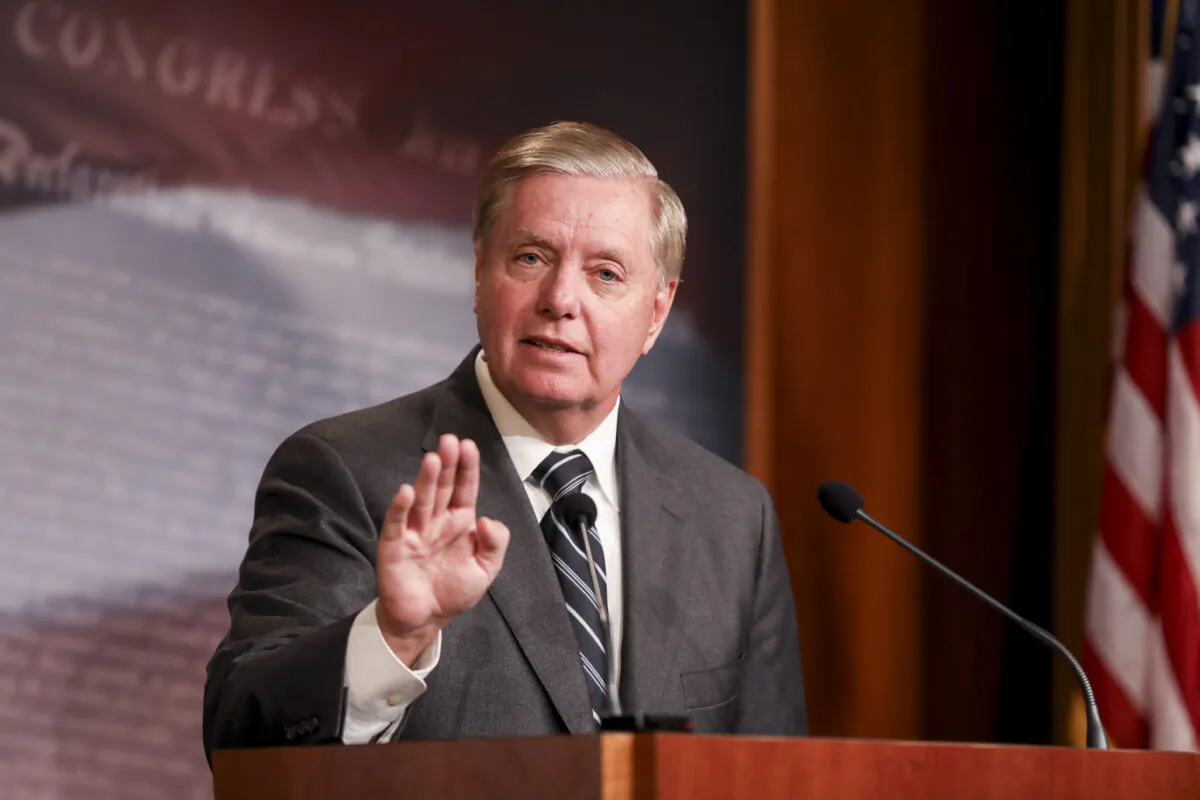 Sen. Lindsey Graham (R-S.C.) holds a press conference about the House impeachment inquiry process on Capitol Hill in Washington on Oct. 24, 2019. (Charlotte Cuthbertson/The Epoch Times)