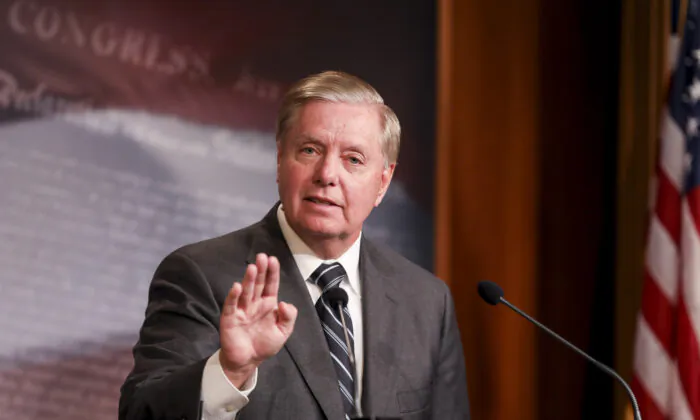 Sen. Lindsey Graham (R-S.C.) holds a press conference about the House impeachment inquiry process on Capitol Hill in Washington on Oct. 24, 2019. (Charlotte Cuthbertson/The Epoch Times)