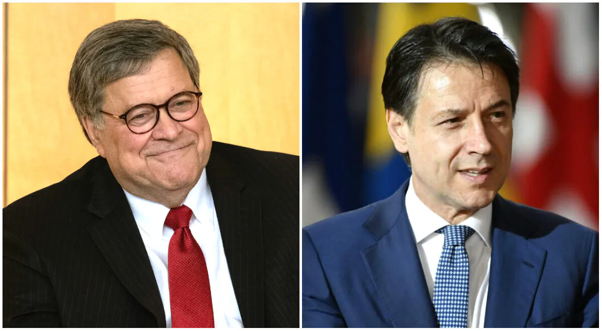 (L) U.S. Attorney General William Barr speaks at the Securities and Exchange Commission's Criminal Coordination Conference in Washington, DC, on Oct. 3, 2019. (Nicholas Kamm/AFP via Getty Images)

(R) Italy's Prime Minister Giuseppe Conte arrives for a European Union Summit at European Union Headquarters in Brussels on Oct. 18, 2019. (John THYS/AFP via Getty Images)
