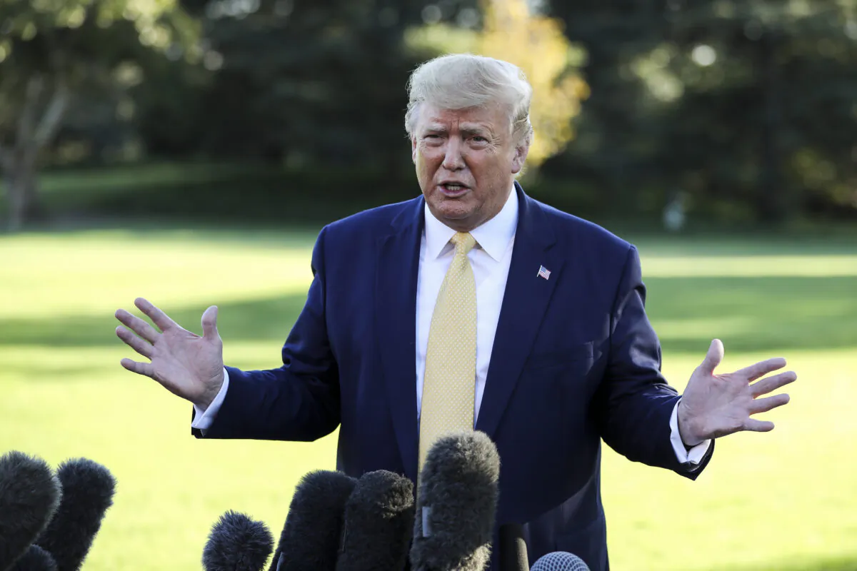President Donald Trump speaks to media before departing the White House on Marine One on Oct. 11, 2019. (Charlotte Cuthbertson/The Epoch Times)