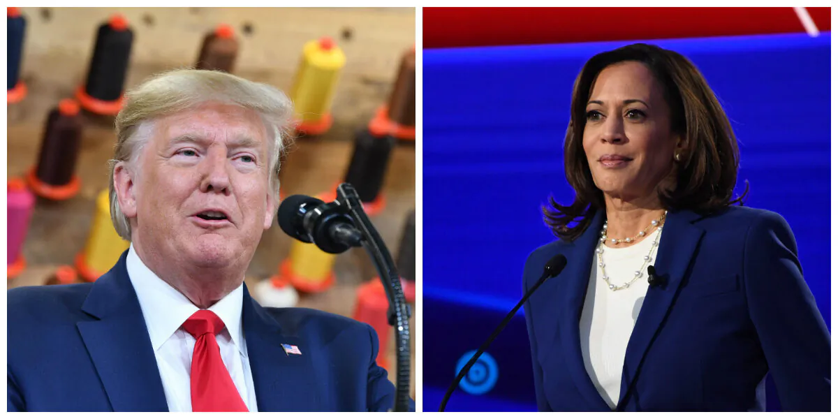 (L)-Then-President Donald Trump speaks at the new Louis Vuitton factory in Alvarado, Texas on Oct. 17, 2019. (Nicholas Kamm/AFP via Getty Images) (R)-Vice President Kamala Harris is seen at the Democratic primary debate in Ohio on Oct. 15, 2019. (Saul Loeb/AFP via Getty Images)