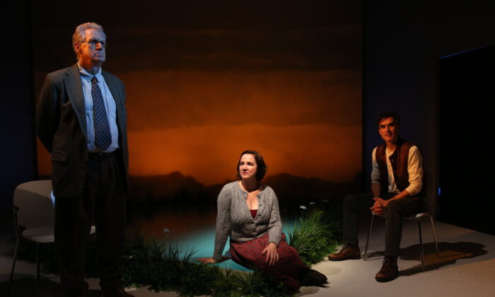 (L–R) Paul O’Brien, Pamela Sabaugh, and Tommy Schrider tell their stories in Brian Friel’s “Molly Sweeney.” (Carol Rosegg)