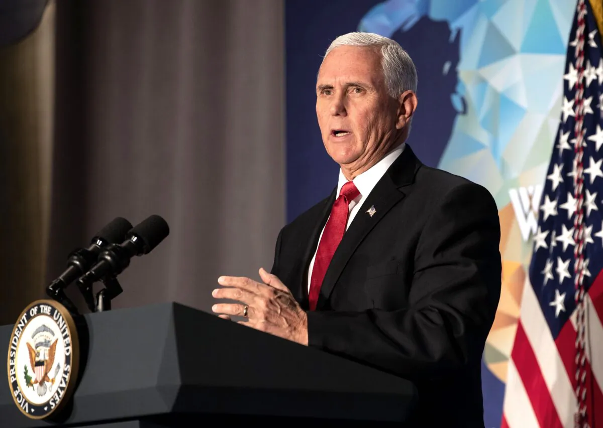 Vice President Mike Pence speaks on the future of the U.S. relationship with China at the 
Wilson Center's inaugural Frederic V. Malek Public Service Leadership lecture, in Washington, on Oct. 24, 2019. (Nicholas Kamm/AFP via Getty Images)