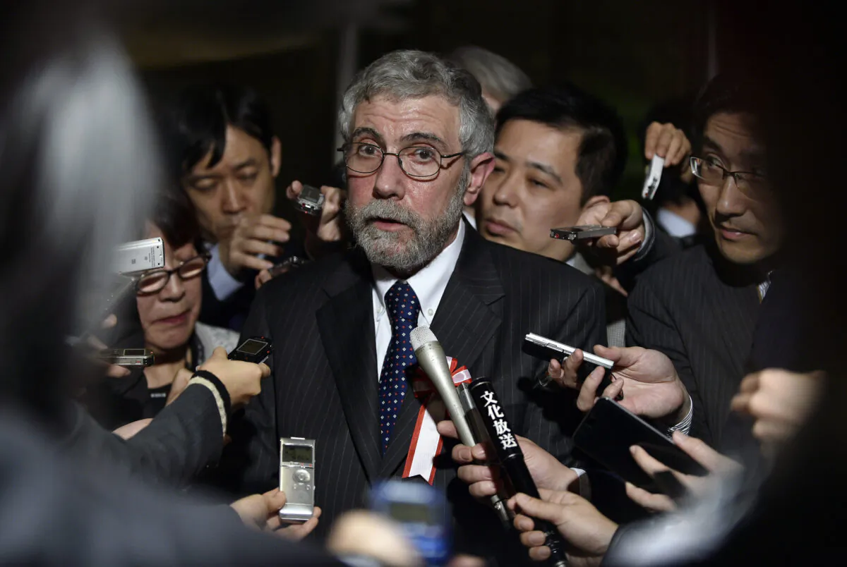 Economist and Nobel-prize winner Paul Krugman speaks with journalists after meeting Japanese Prime Minister Shinzo Abe in Tokyo, Japan, on March 22, 2016. (Franck Robichon/AFP/Getty Images)