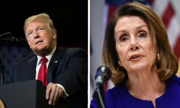 L: President Donald Trump speaks at a Make America Great Again rally in Cape Girardeau, Missouri, on Nov. 5, 2018. R: Nancy Pelosi (Jim Watson/AFP; Mandel Ngan/AFP/Getty Images)