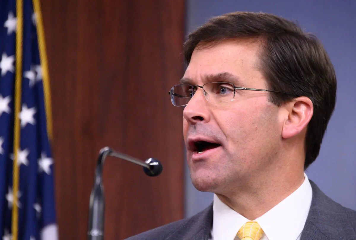 Defense Secretary Mark Esper speaks during a press briefing at the Pentagon in Washington on Aug. 28, 2019. (Jim Watson/AFP/Getty Images)