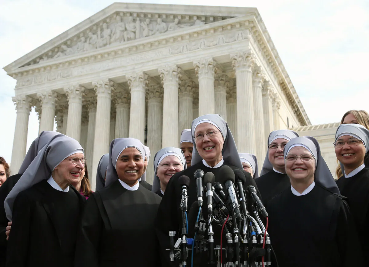 Mother Loraine Marie Maguire, of the Little Sisters of the Poor, speaks to the media after arguments at the US Supreme Court in Washington on March 23, 2016. (Mark Wilson/Getty Images)