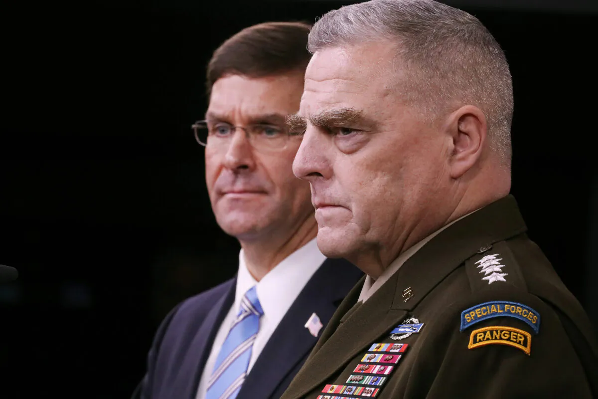Defense Secretary Mark Esper (L) and Chairman of the Joint Chiefs of Staff Gen. Mark Milley hold a news conference at the Pentagon in Arlington, Virginia on Oct. 28, 2019. (Chip Somodevilla/Getty Images)