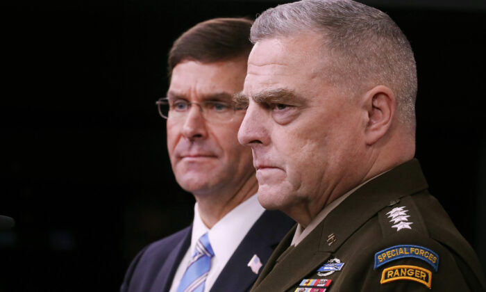 Defense Secretary Mark Esper (L) and Chairman of the Joint Chiefs of Staff Gen. Mark Milley hold a news conference at the Pentagon in Arlington, Virginia on Oct. 28, 2019. (Chip Somodevilla/Getty Images)
