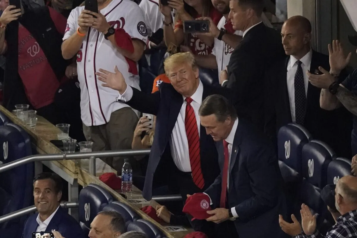 President Donald Trump is introduced during the third inning of Game 5 of the baseball World Series between the Houston Astros and the Washington Nationals in Washington on, Oct. 27, 2019. (AP Photo/Pablo Martinez Monsivais)